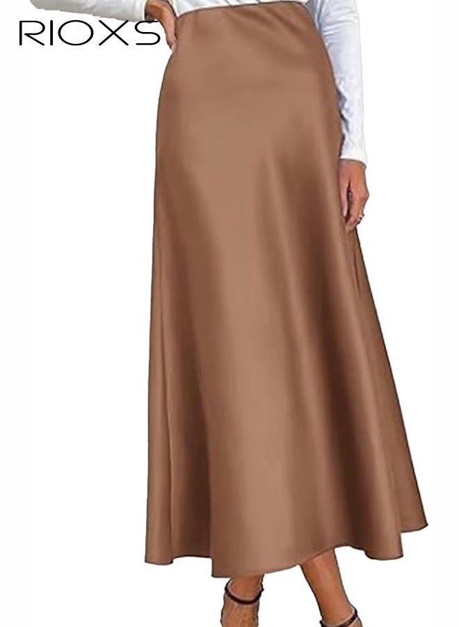 RIOXS Women's Satin A Line Midi Skirt, Dressy Flowy High Waisted Cocktail Wedding Skirt, Casual Fall Summer Vacation Outfits for Ladies - Image 4
