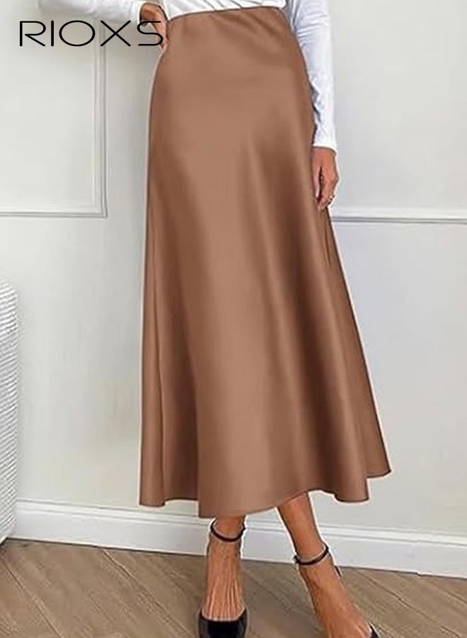 RIOXS Women's Satin A Line Midi Skirt, Dressy Flowy High Waisted Cocktail Wedding Skirt, Casual Fall Summer Vacation Outfits for Ladies - Image 1