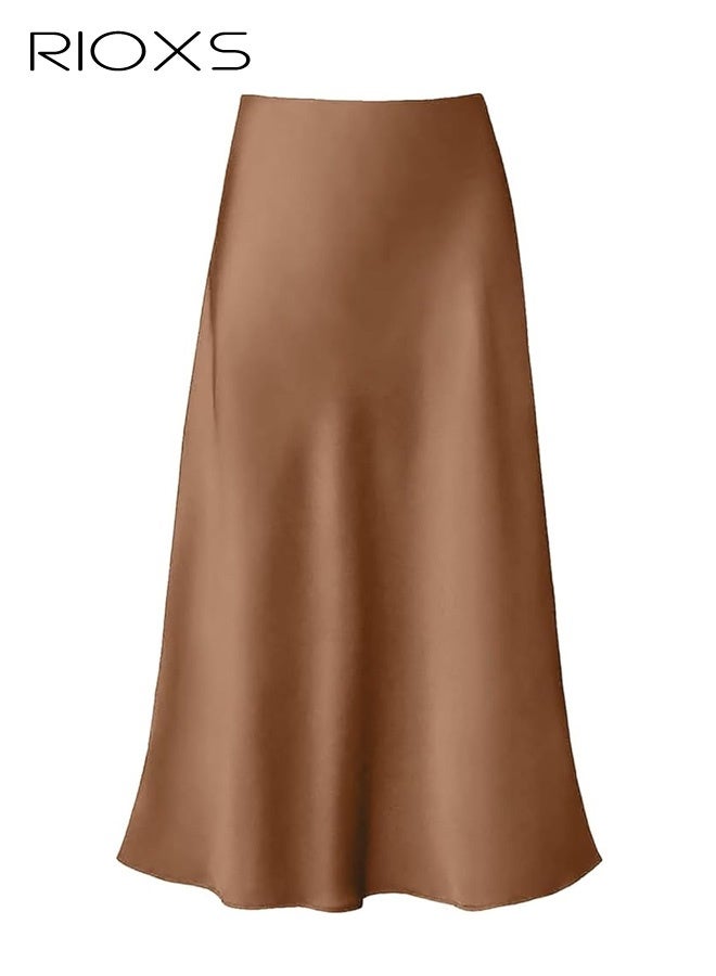 RIOXS Women's Satin A Line Midi Skirt, Dressy Flowy High Waisted Cocktail Wedding Skirt, Casual Fall Summer Vacation Outfits for Ladies - Image 2