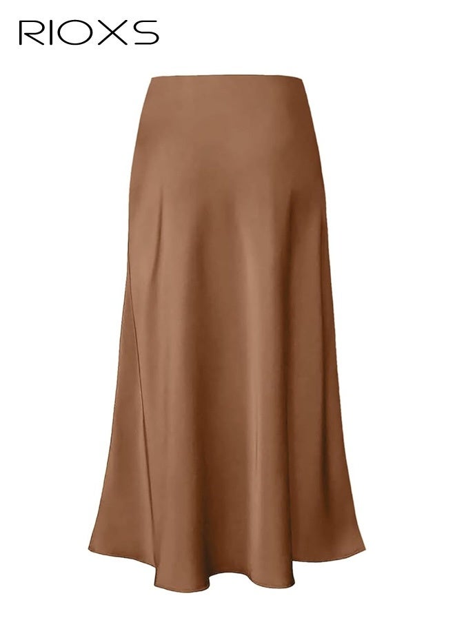 RIOXS Women's Satin A Line Midi Skirt, Dressy Flowy High Waisted Cocktail Wedding Skirt, Casual Fall Summer Vacation Outfits for Ladies - Image 3