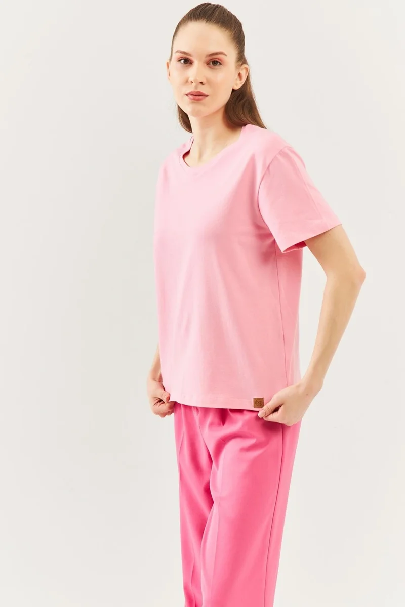 بوتيكجيز Pink Oversize Comfortable 100% Cotton Combed Crew Neck Short Sleeve Basic T-Shirt
