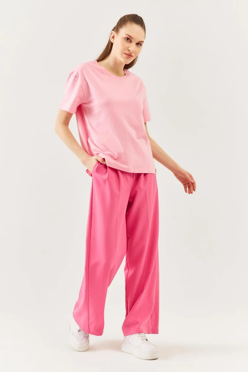 بوتيكجيز Pink Oversize Comfortable 100% Cotton Combed Crew Neck Short Sleeve Basic T-Shirt