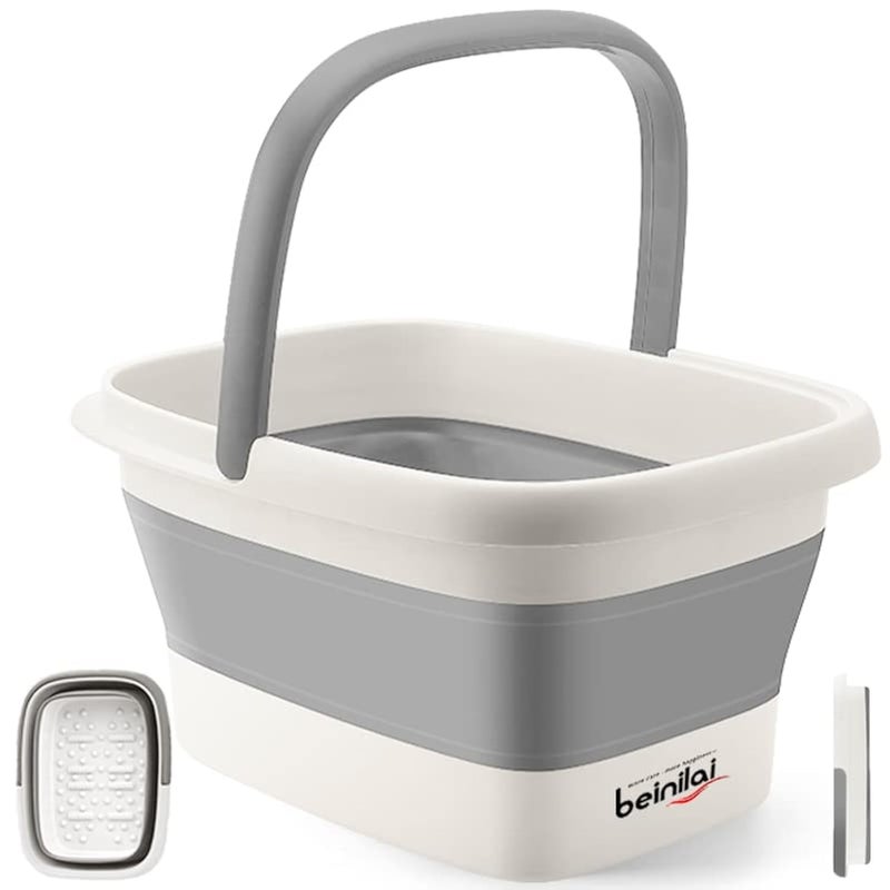 Beinilai Collapsible Foot Bath Basin for Soaking Feet,Foot Soak Tub,Plastic Foot Bucket with Handles and Massage Acupoint,Foldable Laundry Basket-Gery - Image 1