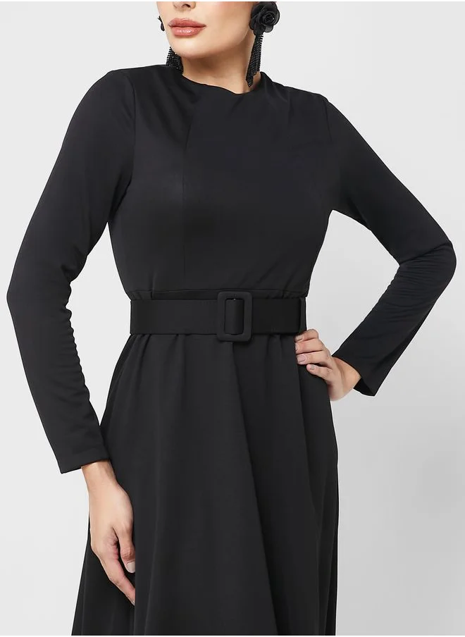 Refka by modanisa Crew Neck Belted Dress