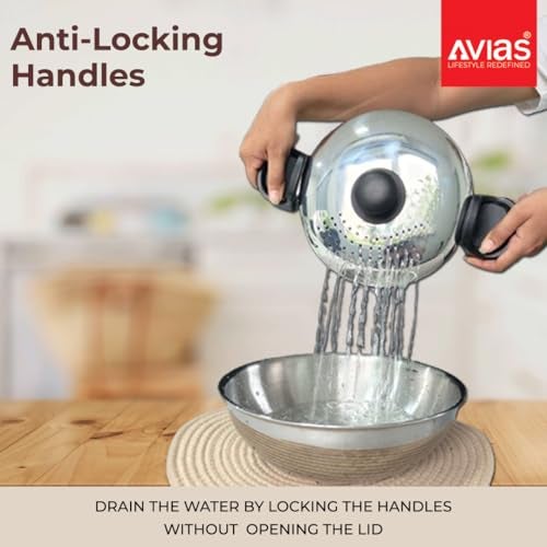 AVIAS Stainless Steel Rice Strainer Pot 3.7L with Locking Lid | Rice Pot with Built-in Strainer & Glass Lid | Easy Drain Pasta Cooker Pot for Rice, Pasta, Noodles & Vegetables - Image 3