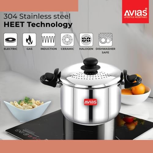 AVIAS Stainless Steel Rice Strainer Pot 3.7L with Locking Lid | Rice Pot with Built-in Strainer & Glass Lid | Easy Drain Pasta Cooker Pot for Rice, Pasta, Noodles & Vegetables - Image 5