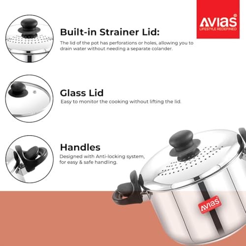AVIAS Stainless Steel Rice Strainer Pot 3.7L with Locking Lid | Rice Pot with Built-in Strainer & Glass Lid | Easy Drain Pasta Cooker Pot for Rice, Pasta, Noodles & Vegetables - Image 2
