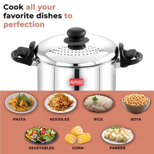AVIAS Stainless Steel Rice Strainer Pot 3.7L with Locking Lid | Rice Pot with Built-in Strainer & Glass Lid | Easy Drain Pasta Cooker Pot for Rice, Pasta, Noodles & Vegetables - Image 4