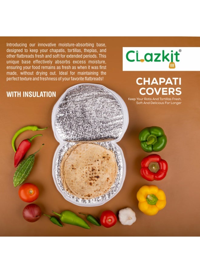 Clazkit غطاء خبز روتي قطني من كلازكيت، غطاء خبز شاباتي دائري الشكل معزول بسحاب، منديل مطبخ تقليدي (قد يختلف اللون) يحافظ على خبز الروتي والشاباتي طازجًا - طقم من قطعتين - Image 4