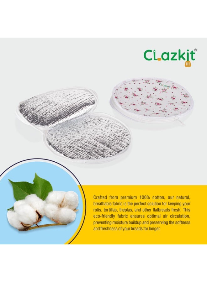 Clazkit غطاء خبز روتي قطني من كلازكيت، غطاء خبز شاباتي دائري الشكل معزول بسحاب، منديل مطبخ تقليدي (قد يختلف اللون) يحافظ على خبز الروتي والشاباتي طازجًا - طقم من قطعتين - Image 2