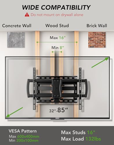 AX WABER Full Motion TV Wall Mount Bracket for Most 3285 inch TVsTV Mount with Dual Articulating ArmsTiltSwivelExtensionLevelingFits 8 12 16 StudsMax VESA 600x400mm Holds up to 132lbs - Image 3