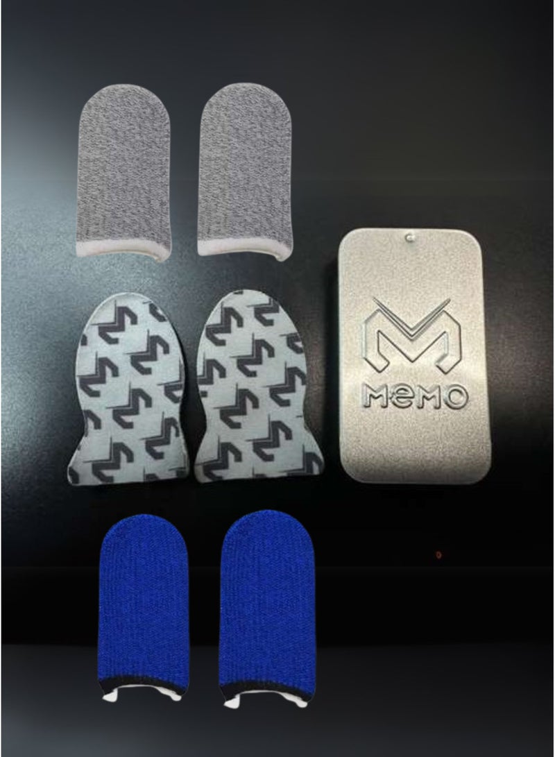 Memo 6-Piece Gaming Finger Sleeves with Metal Storage Box – 2 Silver Memo Logo, 2 Blue, 2 Gray, Anti-Sweat & Sensitive Touch Finger Gloves for PUBG, Free Fire & Mobile Gaming - Image 2