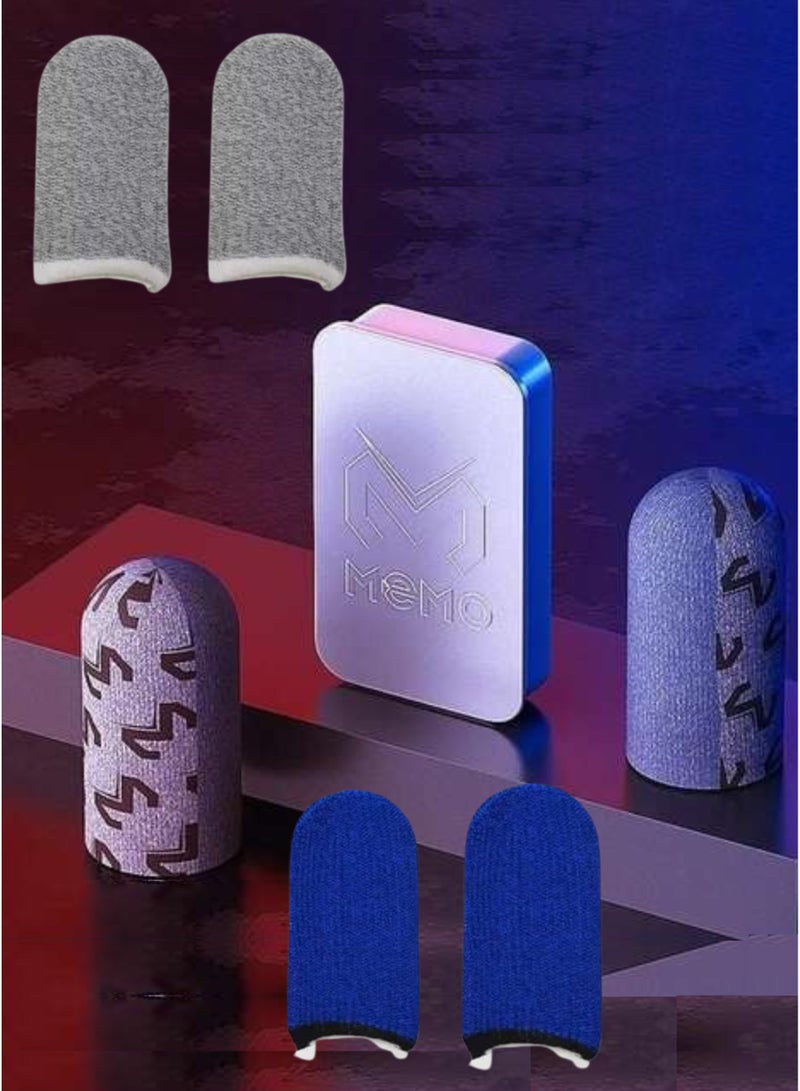 Memo 6-Piece Gaming Finger Sleeves with Metal Storage Box – 2 Silver Memo Logo, 2 Blue, 2 Gray, Anti-Sweat & Sensitive Touch Finger Gloves for PUBG, Free Fire & Mobile Gaming - Image 1