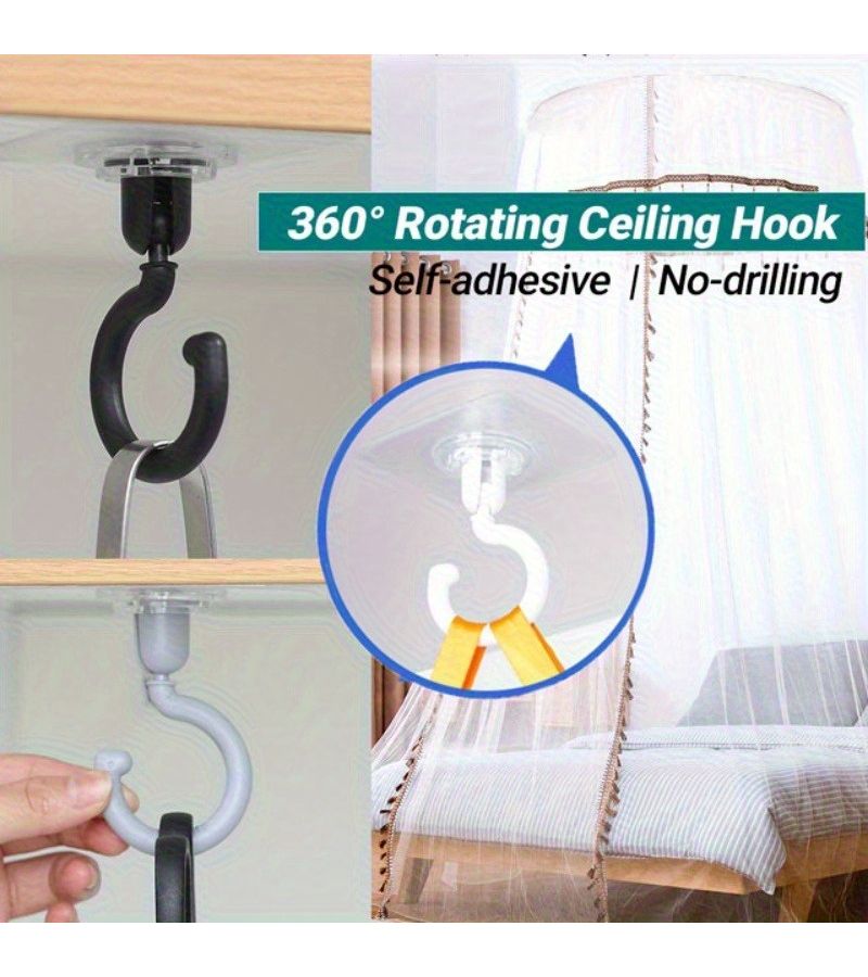 4pcs Plastic Adhesive Wall Hooks 360 Degree Rotatable Ceiling Hooks Strong Bearing Self Adhesive Hooks For Dome Bed Canopy Netting Home Organization Storage Heavy Duty Hanging Organizers Dorm Room Essentials - Image 3