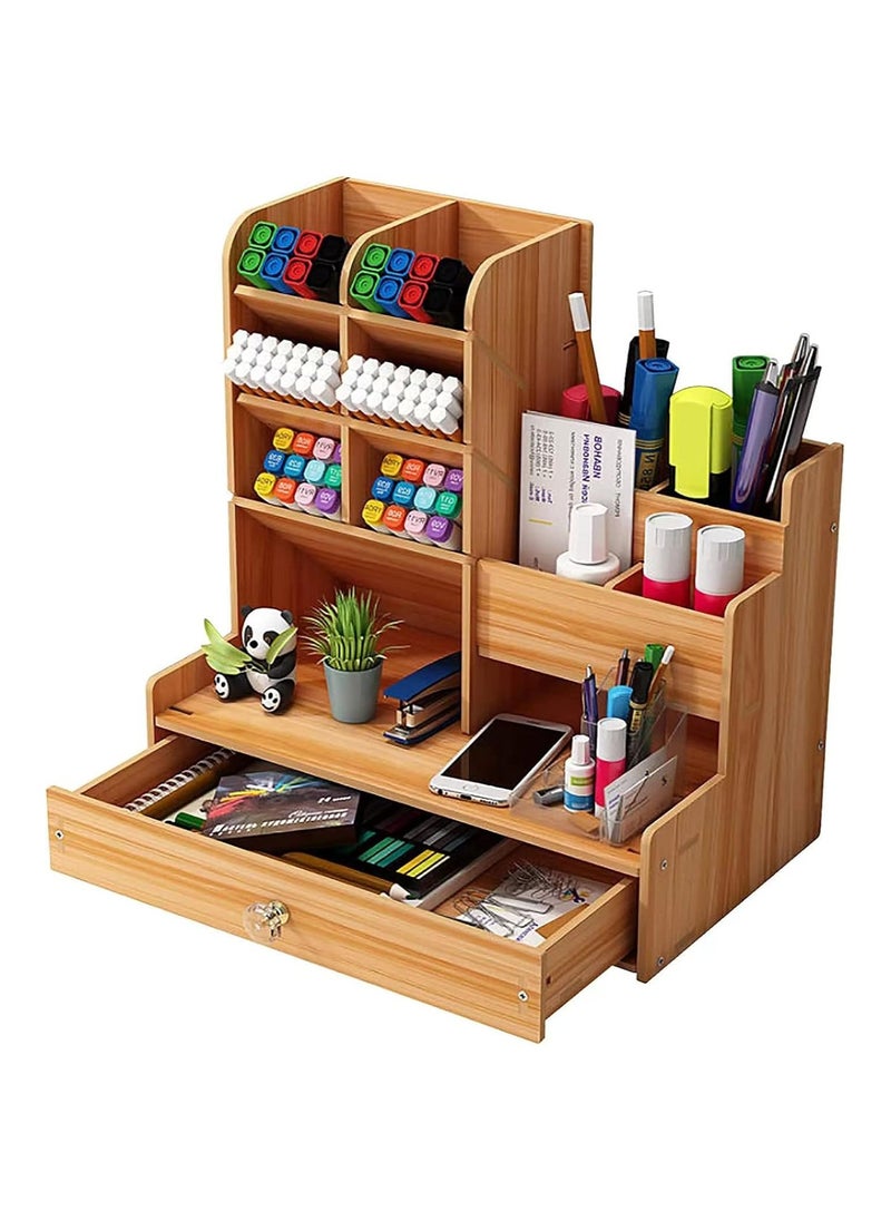 YelaJoy Wooden Desk Organiser DIY Desktop Tidy Pen Holder Large Capacity Stationery Storage Box with Drawer for Home Office and School  - Image 1