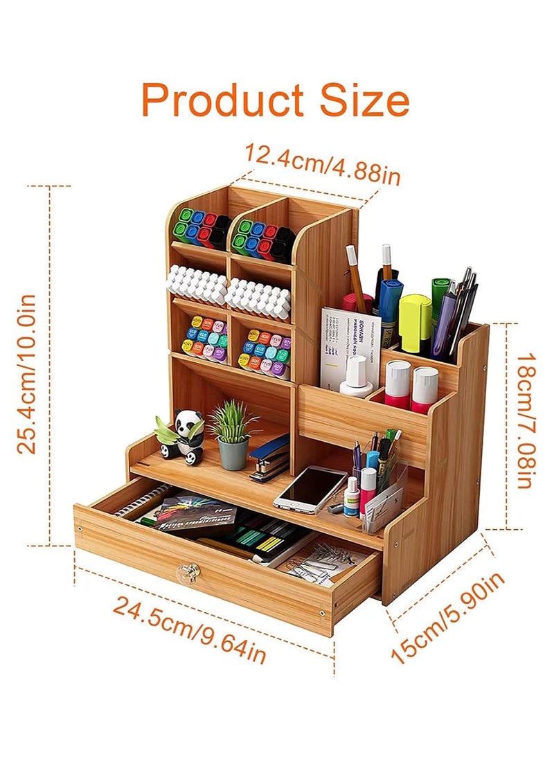 YelaJoy Wooden Desk Organiser DIY Desktop Tidy Pen Holder Large Capacity Stationery Storage Box with Drawer for Home Office and School  - Image 2