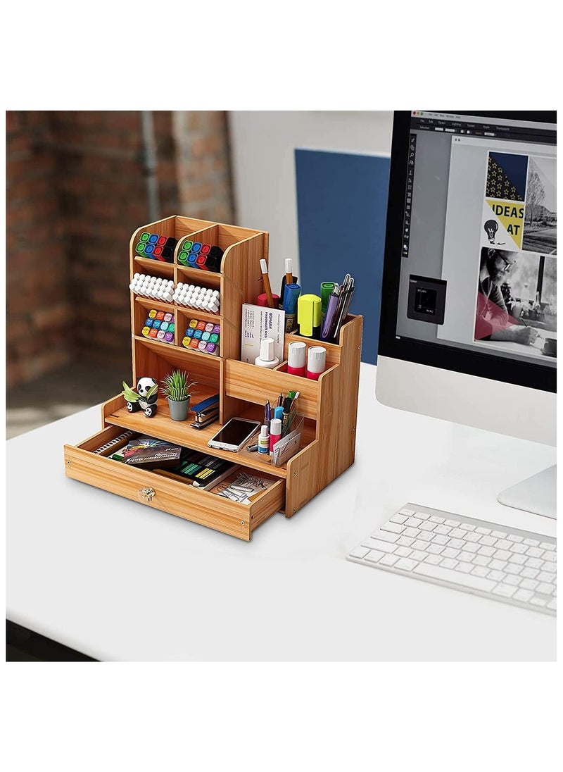 YelaJoy Wooden Desk Organiser DIY Desktop Tidy Pen Holder Large Capacity Stationery Storage Box with Drawer for Home Office and School  - Image 3