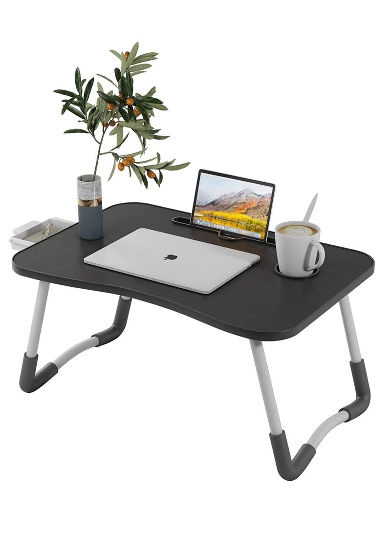 Meetion Portable Folding Laptop Desk for Bed，With iPad and Cup Holder Adjustable Lap Tray Notebook Stand， Foldable Non-Slip Legs Reading Table Tray for working，studying，camping 60x40x28cm Black  - Image 2