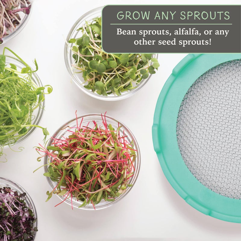 Elementi Sprouting Lids for Wide Mouth Mason Jars (Set of 2), Sprouting Jar Kit for Organic Sprouts, Alfalfa & Mung Bean Sprouts Grow Kit, 316 Stainless Steel Mesh Screen Strainer Lid (Mint) - Image 4