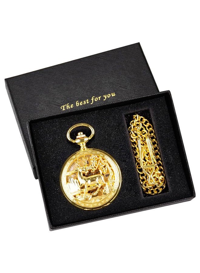 Whodoit Double Open Mechanical Pocket Watch Golden Deer Skeleton Case, Roman Numerals Mechanical Pocket Watch for Men - Image 2