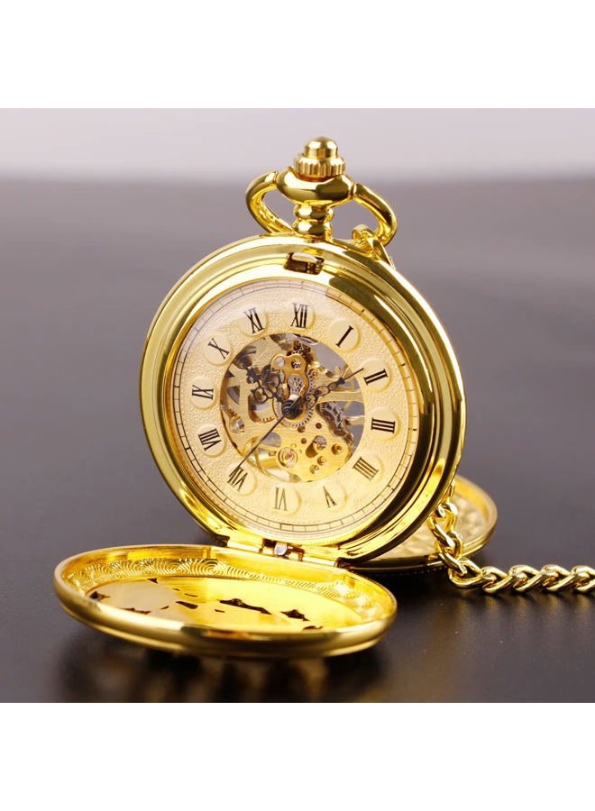 Whodoit Double Open Mechanical Pocket Watch Golden Deer Skeleton Case, Roman Numerals Mechanical Pocket Watch for Men - Image 5