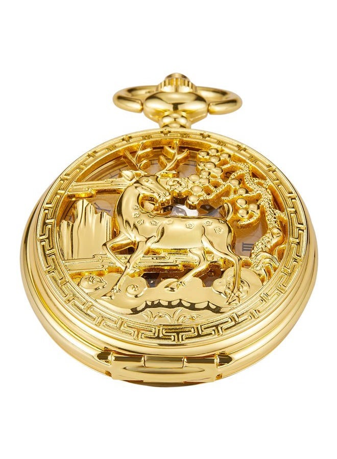 Whodoit Double Open Mechanical Pocket Watch Golden Deer Skeleton Case, Roman Numerals Mechanical Pocket Watch for Men - Image 3