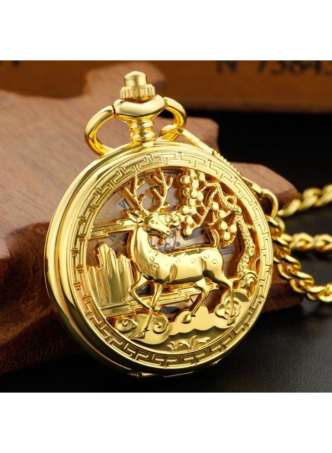 Whodoit Double Open Mechanical Pocket Watch Golden Deer Skeleton Case, Roman Numerals Mechanical Pocket Watch for Men - Image 4