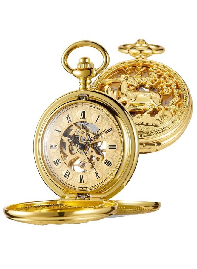 Whodoit Double Open Mechanical Pocket Watch Golden Deer Skeleton Case, Roman Numerals Mechanical Pocket Watch for Men - Image 1
