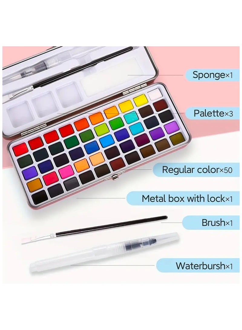 SUZZ 50-Color Watercolor Paint Set, Portable Metal Boxed Solid Pigment Supplies, Travel Watercolor Kit With Brush,Sponge And Palette,Ideal For Adults, Kids, Beginners And Professional Art Supplies - Image 2