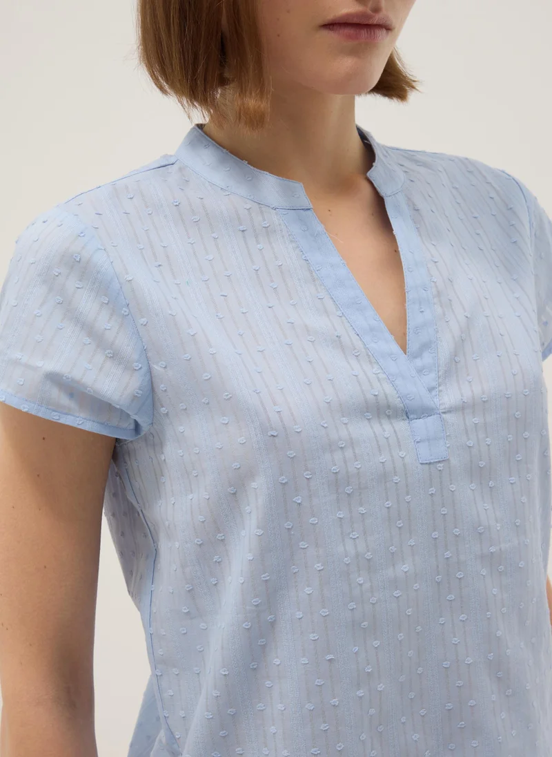 Ovs  OVS Light Blue Pure Cotton Regular Fit Deep V Shirt With Transparency for Women | Best Price UAE