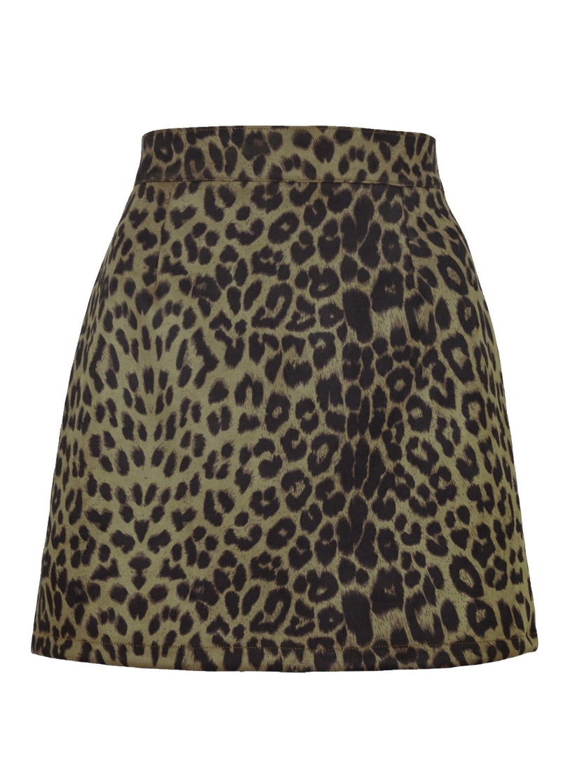 Loquat Women's Hip Wrap High Waist Leopard Print Zipper Short Mini Skirts Side Slit Pencil Skirt Green/Black 