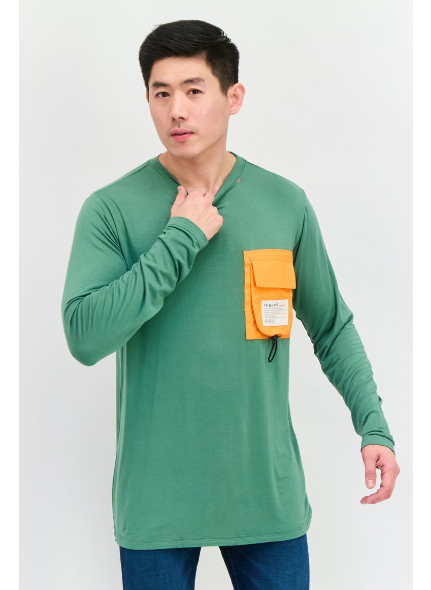 TRIBE OF 6 - Men Crew Neck Long Sleeve Brand Logo T-Shirt, Green - Image 1