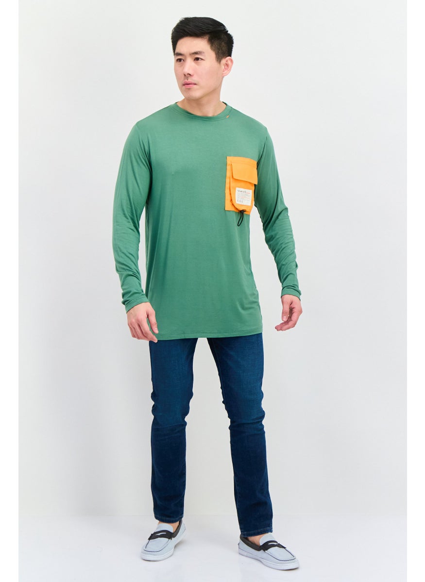 TRIBE OF 6 - Men Crew Neck Long Sleeve Brand Logo T-Shirt, Green - Image 1