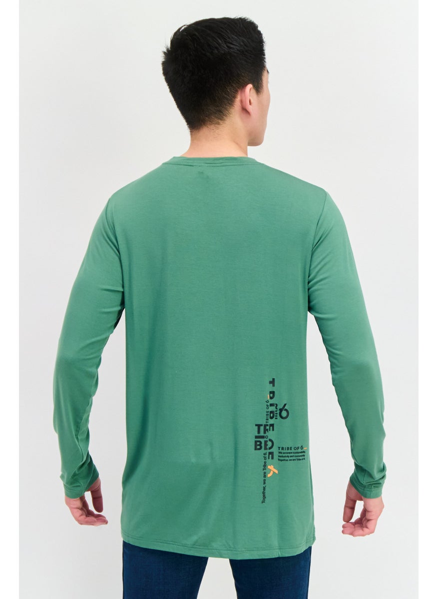 TRIBE OF 6 - Men Crew Neck Long Sleeve Brand Logo T-Shirt, Green - Image 1