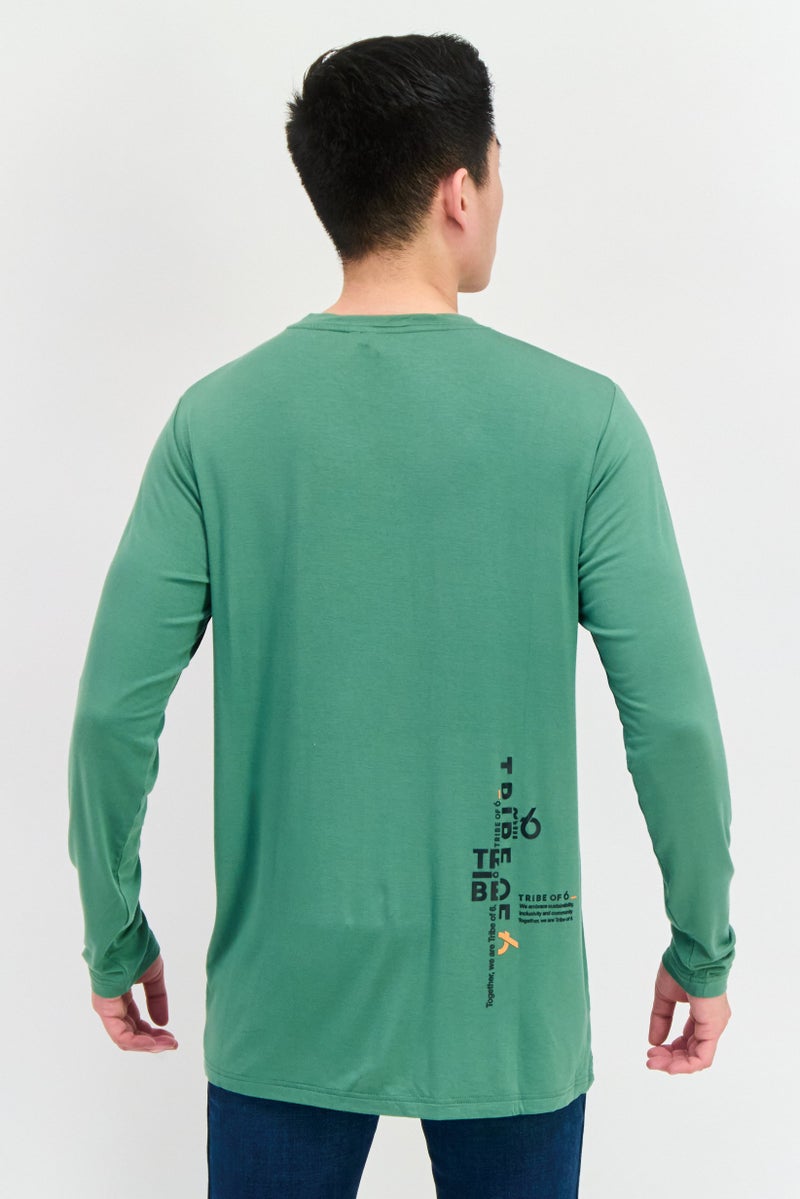 TRIBE OF 6 Men Crew Neck Long Sleeve Brand Logo T-Shirt, Green - Image 4