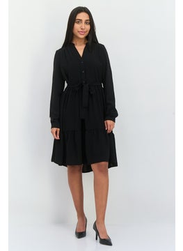 SELECTED FEMME Women Solid Midi Party Dress, Black  - Image 1