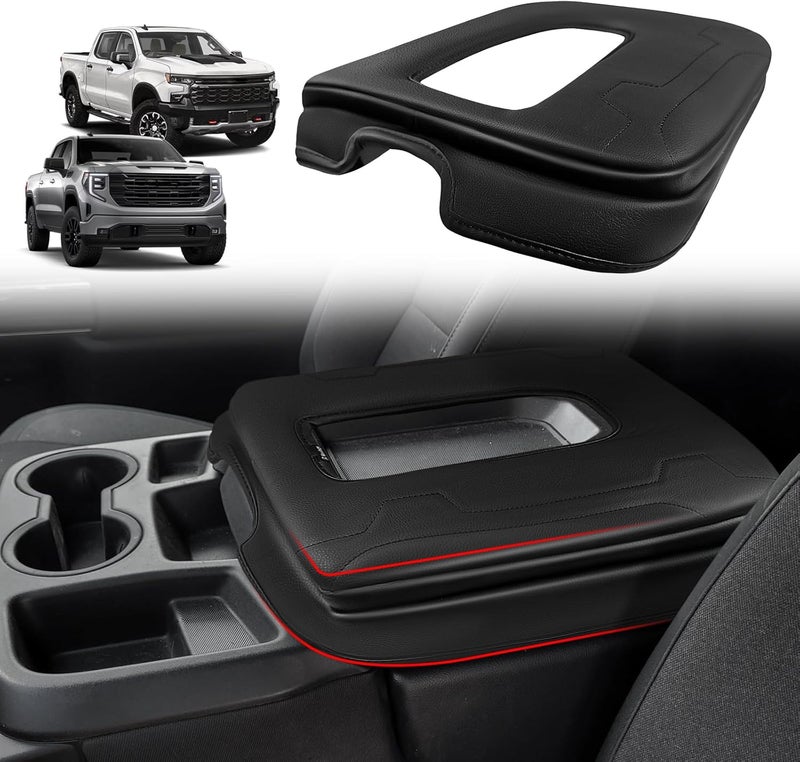 Muslogy غطاء مسند الذراع للكونسول الوسطي متوافق مع Chevy Silverado وGMC Sierra 2019-2025، وسادة مسند ذراع مريحة، واقي من الجلد النباتي، سمك إضافي 1 بوصة (لمقعد الكونسول المقسم فقط). - Image 1