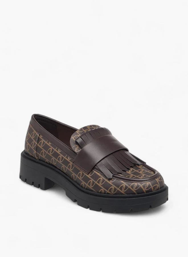 Paprika Monogram Print Slip-On Loafers with Fringe Detail