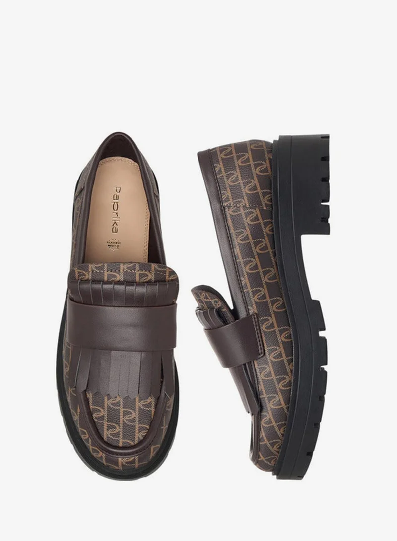 Paprika Monogram Print Slip-On Loafers with Fringe Detail