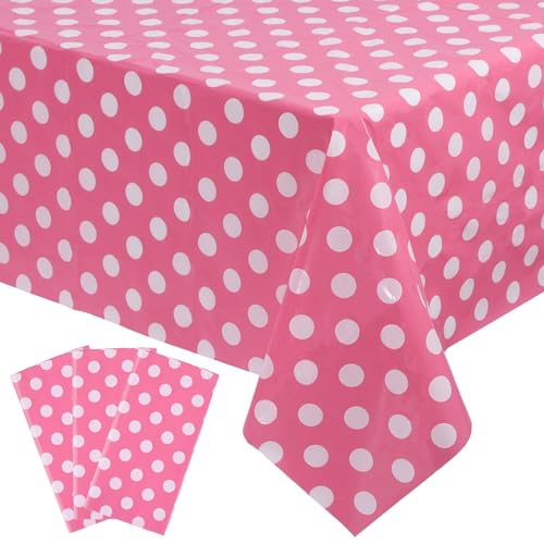 Kesfey 3 Packs Minnie Mouse Tablecloth 54 x 108 Inch Pink Polka Dot Table Cloths Disposable Plastic Pink Waterproof Picnic Table Covers Pink and White Dots Minnie Tablecover for Birthday Party - Image 1