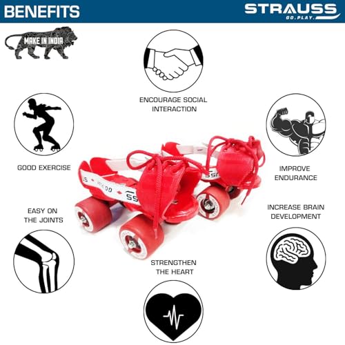 STRAUSS Junior Tenacity Roller Skates | Adjustable Shoe Size for Kids | 4 Wheels Skates for Boys and Girls | for Indoor and Outdoor Skating | Age Group 3-7 Years | Weight Capacity Upto 60kgs, (Red) - Image 2