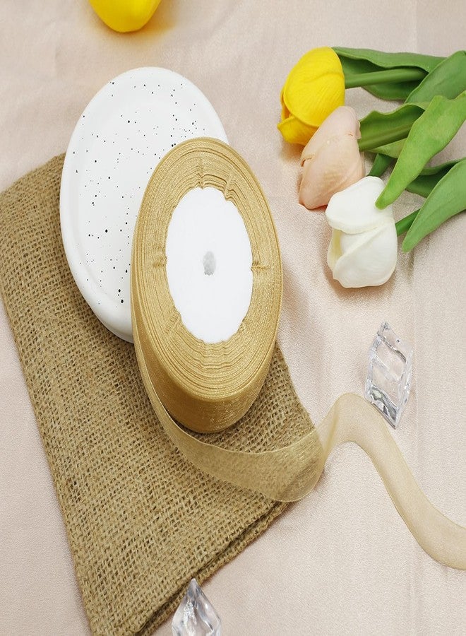 BEAUTOPE 4/5 Inch 50 Yards Sheer Organza Ribbon Chiffon Ribbon for Gift Wrapping Birthday Wedding Bouquet Crafts (Champagne Gold) - Image 3