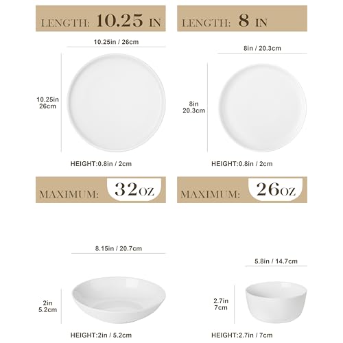 MALACASA 24 Pieces Gourmet Porcelain Dinnerware Sets, Premium Plates and Bowls Set, High-Fired Ceramic Dishes Set for 6, Chip & Scratch Resistant, Microwave Dishwasher Safe, White, Series LEXI - Image 2