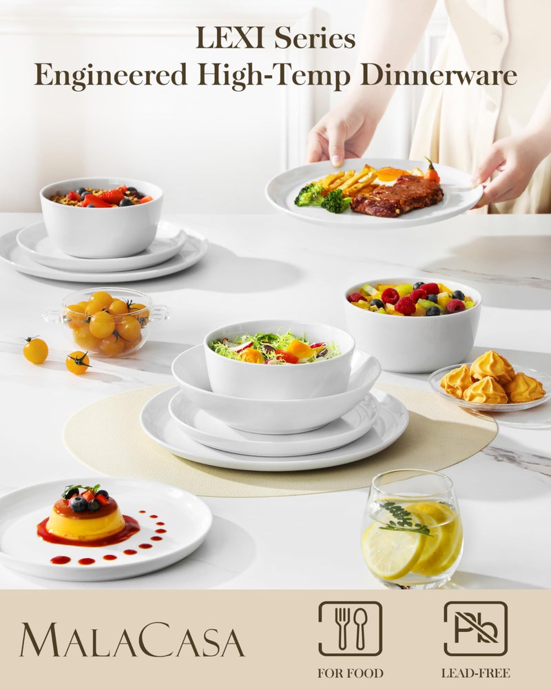 MALACASA 24 Pieces Gourmet Porcelain Dinnerware Sets, Premium Plates and Bowls Set, High-Fired Ceramic Dishes Set for 6, Chip & Scratch Resistant, Microwave Dishwasher Safe, White, Series LEXI - Image 3