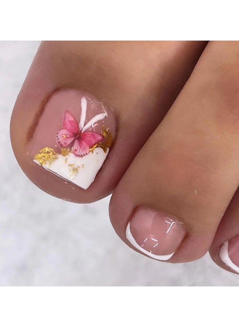 24 Pcs Butterfly French Tip Press-on Toenails for Women and Girls, Nude Pink Stick-on Toenails with 3D Butterfly Design and Gold Foil Accents, Easy to Apply and Long-Lasting - Image 1