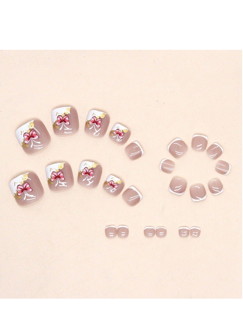 24 Pcs Butterfly French Tip Press-on Toenails for Women and Girls, Nude Pink Stick-on Toenails with 3D Butterfly Design and Gold Foil Accents, Easy to Apply and Long-Lasting - Image 3