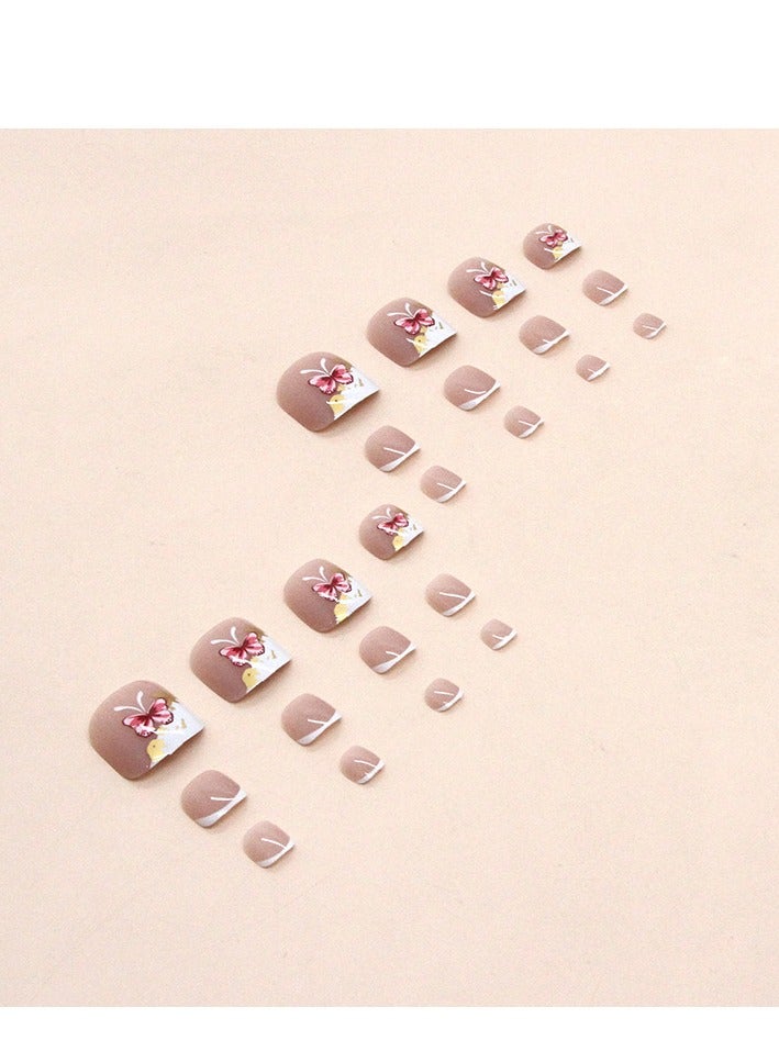 24 Pcs Butterfly French Tip Press-on Toenails for Women and Girls, Nude Pink Stick-on Toenails with 3D Butterfly Design and Gold Foil Accents, Easy to Apply and Long-Lasting - Image 4