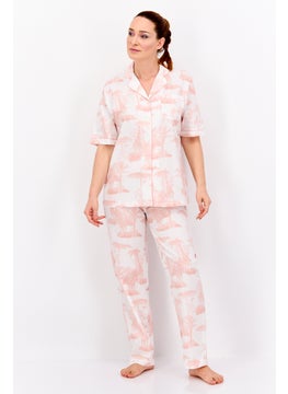 Women 2 Pcs All Over Print Top And Bottom Pajama Sets, Light Pink/White
