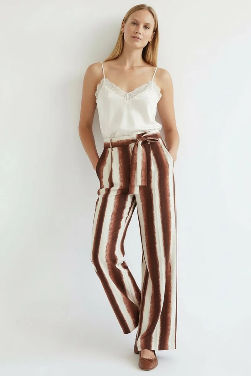 EXQUISE Striped Pattern Wide Leg Regular Pants