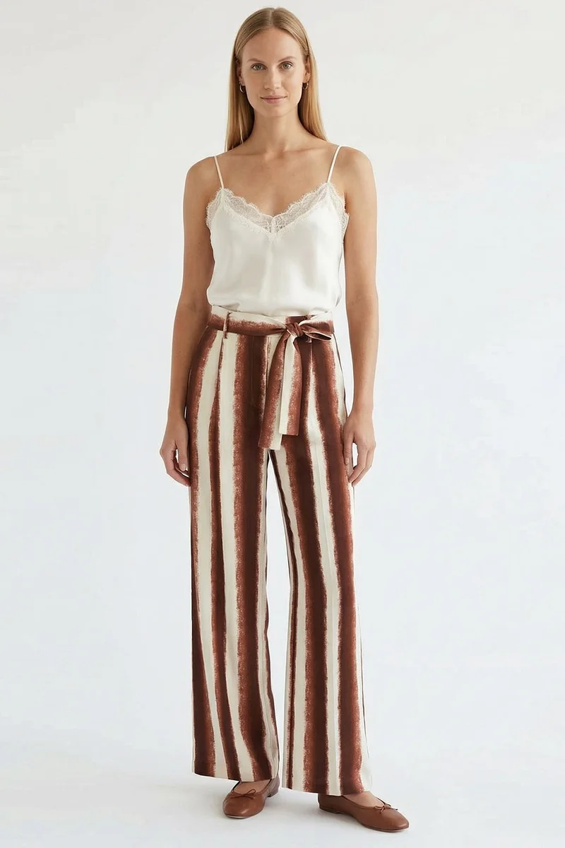 EXQUISE Striped Pattern Wide Leg Regular Pants